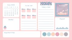 a pink and blue planner with flowers on the side, next to it is an empty calendar