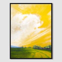 an abstract painting of yellow and green grass with clouds in the sky above it on a gray background