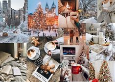 a collage of photos with people and christmas trees in the city, including coffee