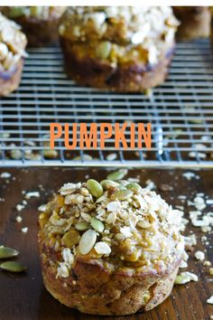 pumpkin muffins on a cooling rack with text overlay