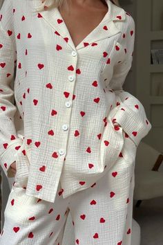 Cotton Pyjama Set, Cute Aesthetic Pajamas, Aesthetic Pj Outfits, Nightsuits For Women, Cute Pjs Aesthetic, Pijama Aesthetic, Pjs Ideas, Heart Pj Set, Pyjamas Aesthetic