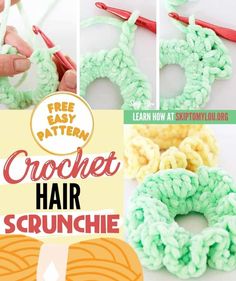 crochet hair scrunchies with instructions to make them look like they're