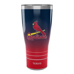 a red and blue tumbler cup with a cardinals logo on the side, sitting in front of a white background