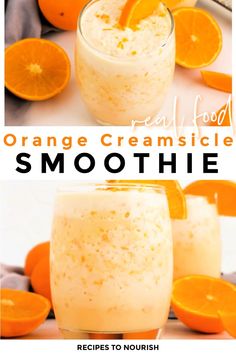 an orange creamsice smoothie is garnished with fresh orange slices