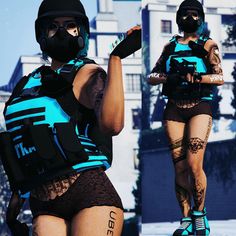 two images of a woman in black and blue bodysuits with tattoos on her arms