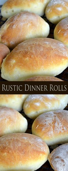 two pictures of bread rolls on top of a rack with the words rustic dinner rolls