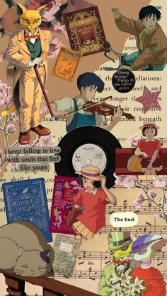 a collage of people and animals with music notes