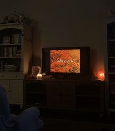 a living room with a television and some candles