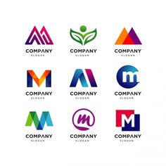 six different logos with the letter m and leaves on them, all in different colors