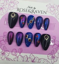 Starfire Nails Designs, Raven Teen Titans Go Inspired Nails, Raven Inspired Nails, Raven Nail Art, Raven Nails Designs Teen Titans, Raven Nails Designs, Arcane Themed Nails, Arcane Nails Design, Invader Zim Nails