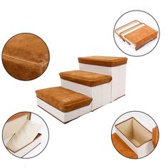 three different types of storage boxes with their lids open and bottom closed, including flooring