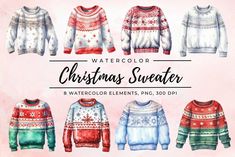 watercolor christmas sweaters on pink background with text overlay that reads, watercolor christmas sweater 8 watercolor elements png, 300 dpii