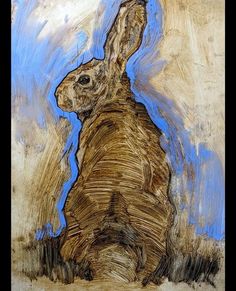 a painting of a brown rabbit sitting in the grass