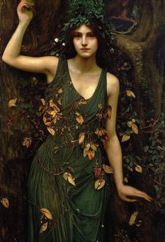 a painting of a woman in a green dress with leaves on her head and hands behind her head