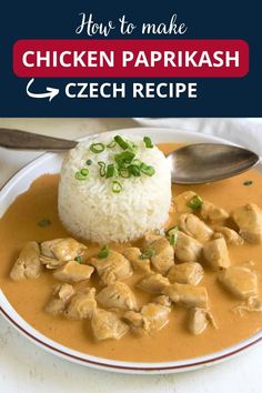 chicken paprikash with rice on a white plate and red lettering overlay reads how to make chicken paprikash czech recipe