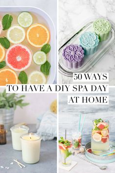 50 Ways to Have a DIY Spa Day at Home! Everyone loves the relaxed feeling of being pampered at a spa. Splashing out on a spa day can be expensive though, but you can still have all the fun and benefits of a spa day at home. DIY some of your favorite experiences - maybe you like a warm foot bath or a deep cleansing face mask - with just a few simple pantry ingredients you can have a homemade spa experience. Diy Spa Day At Home, Diy Spa Gifts, Diy Spa Treatments, Spa Day Party, Homemade Spa, Spa Weekend, Diy Beauty Treatments