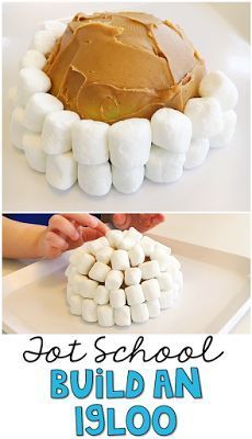 two pictures with marshmallows in them and the words hot school build an 1800