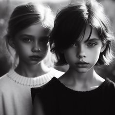 two beautiful young women standing next to each other in black and white photo with one looking at the camera