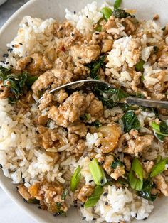 a white plate topped with rice and meat next to a fork on top of it