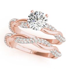 a rose gold wedding ring set with an elegant twist design and round brilliant cut diamonds