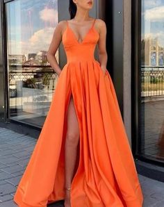 Orange Evening Dresses, Satin Long Prom Dress, School Event Dress, Formal Dresses Graduation, Prom Dresses Long Pink, 60's Dress, A Line Evening Dress, Prom Dresses With Pockets, Orange Satin