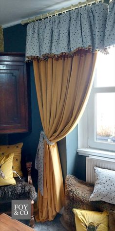 Handmade drapes by Foy & Co Interiors using a luxury velvet that beautifully compliments the Bumblebee Birch fabric. Cast Iron Wall, Fabric Textile, Curtain Designs, Iron Wall, Fabric Online, Fabric Shop, Online Accessories