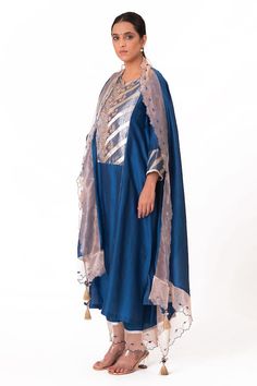 Royal blue kurta with embroidered banarasi jacquard tissue yoke. Paired with a slub silk pant and chanderi dupatta with scalloped tissue detailing. - Aza Fashions Chanderi Dupatta, Silk Pant, Blue Kurta, Kurta Pant Set, Kurta With Pants, Silk Pants, Pants Pattern, Pant Set, Embroidered Silk