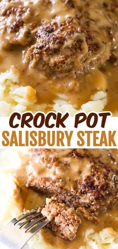 crock pot salisbury steak on top of mashed potatoes with gravy over it