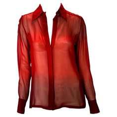 TheRealList presents: a beautiful sheer ombré shirt, designed by Tom Ford for Gucci's Spring/Summer 1997 collection. The button closure stops about halfway up the front for a plunging neckline. Chic and sexy is what Tom Ford does best and this shirt is no exception. The matching red ombré t-shirt and bikini are available on our storefront! Follow us on Instagram! @_the_reallist_ Elegant Silk Gucci Tops, Gucci Sheer Top, Red Silk Button Up Shirt, Luxury Gucci Button-up Tops, Red Gucci Cotton Top, Ombre Shirt, Vintage Designer Bags, Midsize Fashion, Oversized Tunic