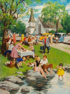 a painting of people sitting on the bank of a river