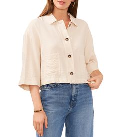 From Vince Camuto&#x2C; this blouse features:Point collar3/4 sleevesButton front closureApprox. 26 " length PolyesterMachine wash /line dry Imported. Crop Button Up Shirt, Cropped Button Up Shirt, Textured Shirt, Button Front Top, Dillard's, Designer Wear, Fast Fashion, Three Quarter Sleeves, Button Up Shirt