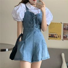 Elegant Short Denim Romper Jumpsuit – Tomscloth Fitted High Waist Shortalls For Spring, Fitted Shortalls With Suspenders For Spring, Denim Romper Outfit, Summer Overalls, Romper Women, Overalls Casual, Jumpsuits Women, Korean Casual Outfits, Korean Fashion Dress