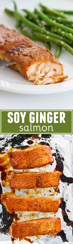 salmon and asparagus on a white plate with the title soy ginger salmon over it