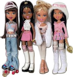 three dolls are standing next to each other