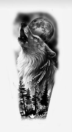 a black and white photo of a wolf with the moon above it's head