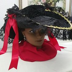 Costume Hat With Ruffles Around Hat Two Bow Ribbons On Each Side Velveteen Fabric Code1hat Adjustable Wide Brim Hat For Carnival, Black Brimmed Mini Hat One Size, Black Brimmed Mini Hat, One Size, Black Brimmed Hat For Costume, Black Curved Brim Costume Hat, Black Hats For Costume Party, One Size Fits Most, Black Hat For Costume Party, One Size Fits Most, Black One Size Costume Cap, Shirley Of Hollywood