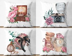 four pillow cases with different items on them, one has a camera and the other has flowers