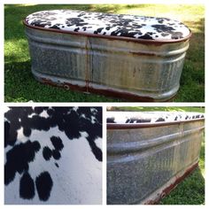 three pictures of an old metal tub with black and white spots on the outside, and inside