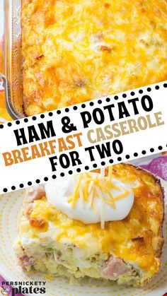 ham and potato breakfast casserole for two on a plate with text overlay