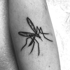 a black and white photo of a mosquito tattoo on the left arm, with an arrow in it's center