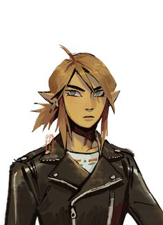 an anime character with blonde hair wearing a leather jacket