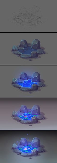 three different views of an iceberg with blue lights