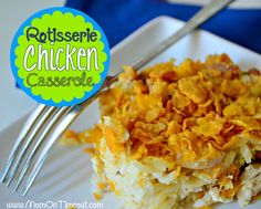 a close up of a plate of food with a fork on it and a sign that says rotissee chicken casserole