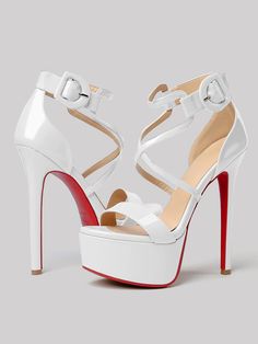 145mm Women's Open Toe Platform Sandals Ankle Strap High Heel Patent Red Bottom Summer Shoes White Patent Leather High Heel Sandals, White Open Toe Patent Leather Sandals, White Patent Leather Open Toe Sandals, Synthetic Sandals With Red Sole And Ankle Strap, Synthetic Ankle Strap Sandals With Red Sole, White Closed Toe Sandals With Reinforced Heel, White Sandals With Reinforced Heel And Round Toe, White Open Toe Sandals With Red Sole, White Ankle Strap Heels With Red Sole