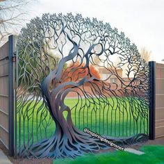 an iron gate with a tree design on the top and bottom, in front of a green yard