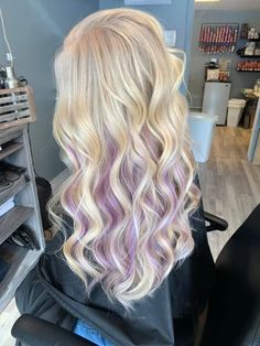 Blonde Hair With Colorful Peekaboos, Lavender Hair With Blonde, Blonde With Lavender Underneath, Peekaboo Color On Blonde Hair, Lavender Hair Underneath Blonde, Blonde Hair Color Ideas With Purple, Blonde With Colour Underneath, Long Blonde Hair With Purple Underneath, Blonde Hair With Lavender Peekaboos