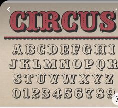 an old fashioned font and numbers set up to spell the word circus on a piece of paper