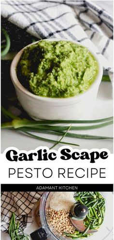 garlic scape pesto recipe in a white bowl