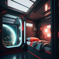 an image of a bedroom with a view of the earth from another room in space