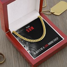 Free Shipping Was he born to lead? Give your Son a classic piece of jewelry to celebrate him and his accomplishments! The Cuban Link Chain is the perfect gift for any occasion! Handsome and eye catching polished stainless steel. You can be sure this weighted necklace will be a staple jewelry piece he'll cherish for life. 🥰 Your gift will be packaged in a mahogany style luxury box. Which features a brilliant LED spotlight. Highlighting your message card and necklace gift. He's sure to be impress Classic Jewelry For Father's Day With Gift Box, Classic Jewelry With Gift Box For Father's Day, Classic Father's Day Jewelry With Gift Box, Cuban Link Necklace, Gold Lion, Classic Necklace, Cuban Link, Cuban Link Chain, Luxury Boxes